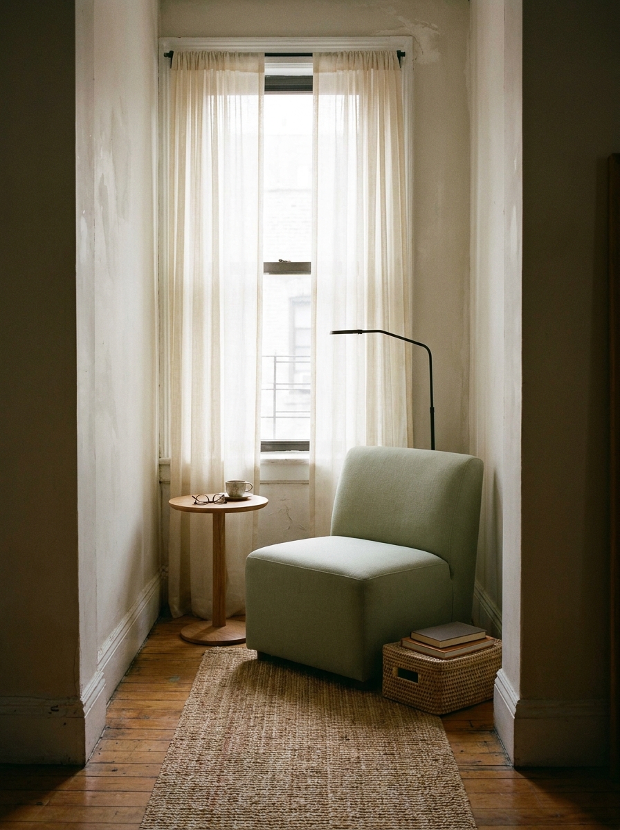 Narrow window reading nook in small apartment with pale sage compact armchair, tiny round oak table, slim black floor lamp, sheer ivory curtains, neutral rug, and book basket