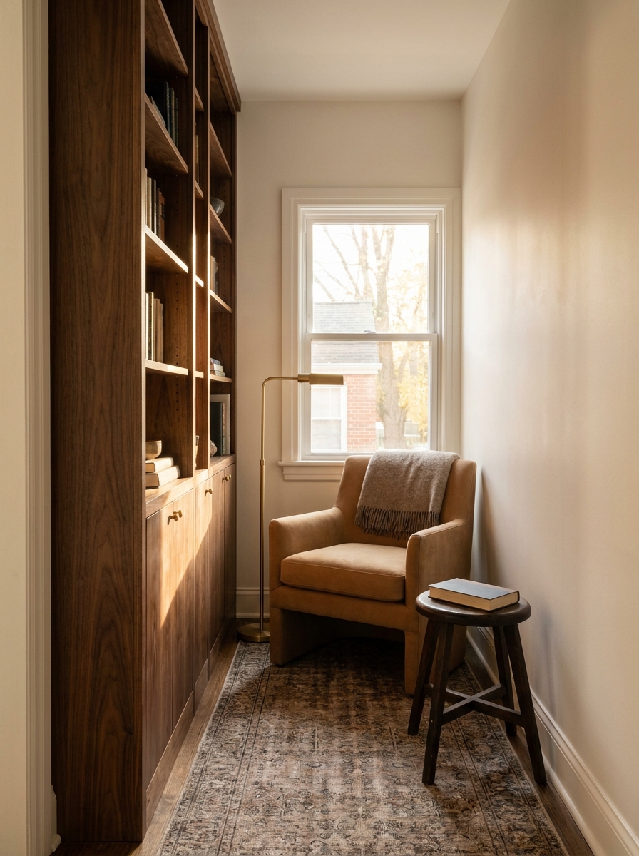 Small reading nook beside tall built-in bookshelf with compact camel chair, slim floor lamp between chair and shelves, dark wood stool, walnut shelving, and muted runner