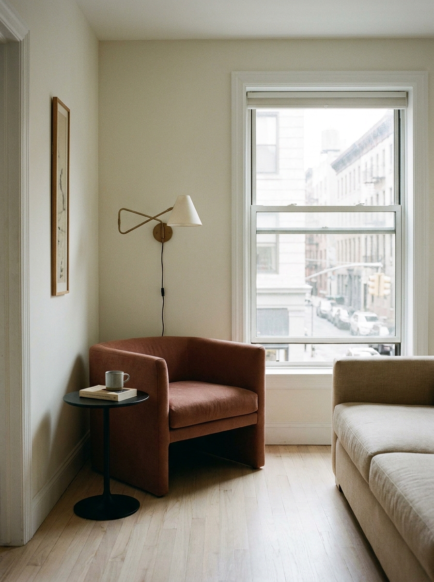 Tiny apartment living room with defined reading corner, compact muted rust armchair, small round black table, wall sconce, beige sofa edge, pale wood floor, and narrow framed art