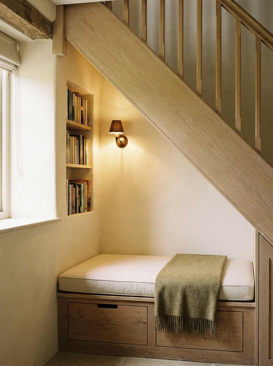Small under-stairs reading nook with low built-in cream upholstered bench, storage drawers, recessed bookshelf, bronze wall light, pale oak stairs, ivory walls, and muted olive throw