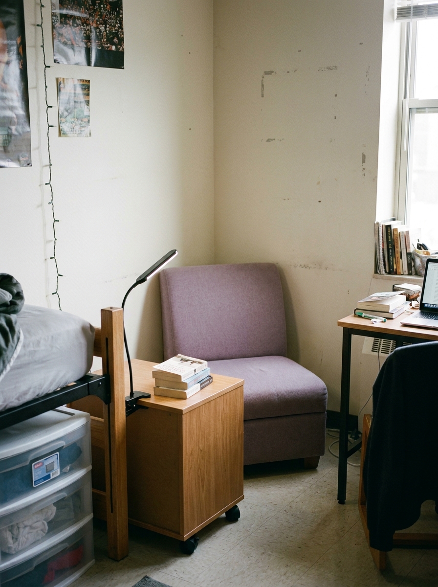 Compact college dorm reading nook with small muted lavender armless chair, rolling storage cube side table, clip-on lamp, twin XL bed, desk, under-bed storage, and book stack