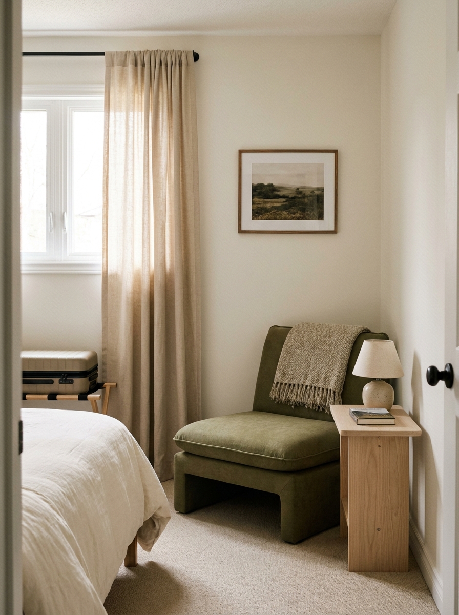 Small guest bedroom reading corner with soft olive armless chair, narrow light wood table, ceramic lamp, warm white bed, luggage bench, linen curtains, and framed landscape print