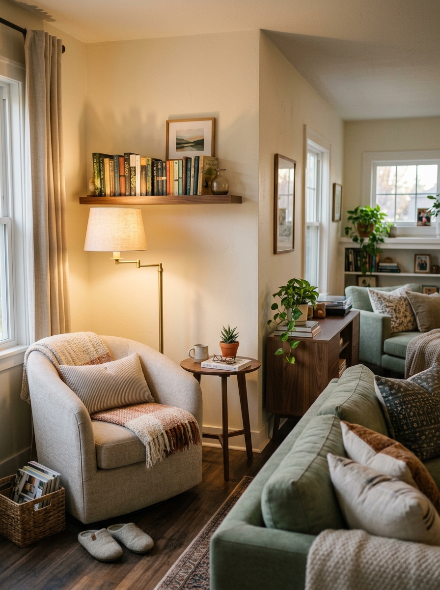 Small reading nook in family living room corner with rounded oatmeal chair, slim brass floor lamp, tiny walnut table, sage green sofa edge, media cabinet, and wall shelf with books