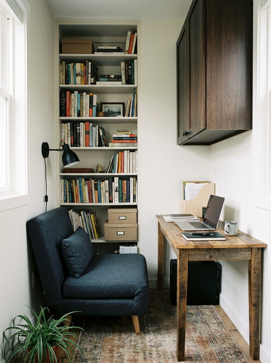 Tiny home office with compact reading nook, narrow charcoal blue chair, wall black reading light, built-in bookcase, small wood desk, closed cabinets, laptop, and limited floor space