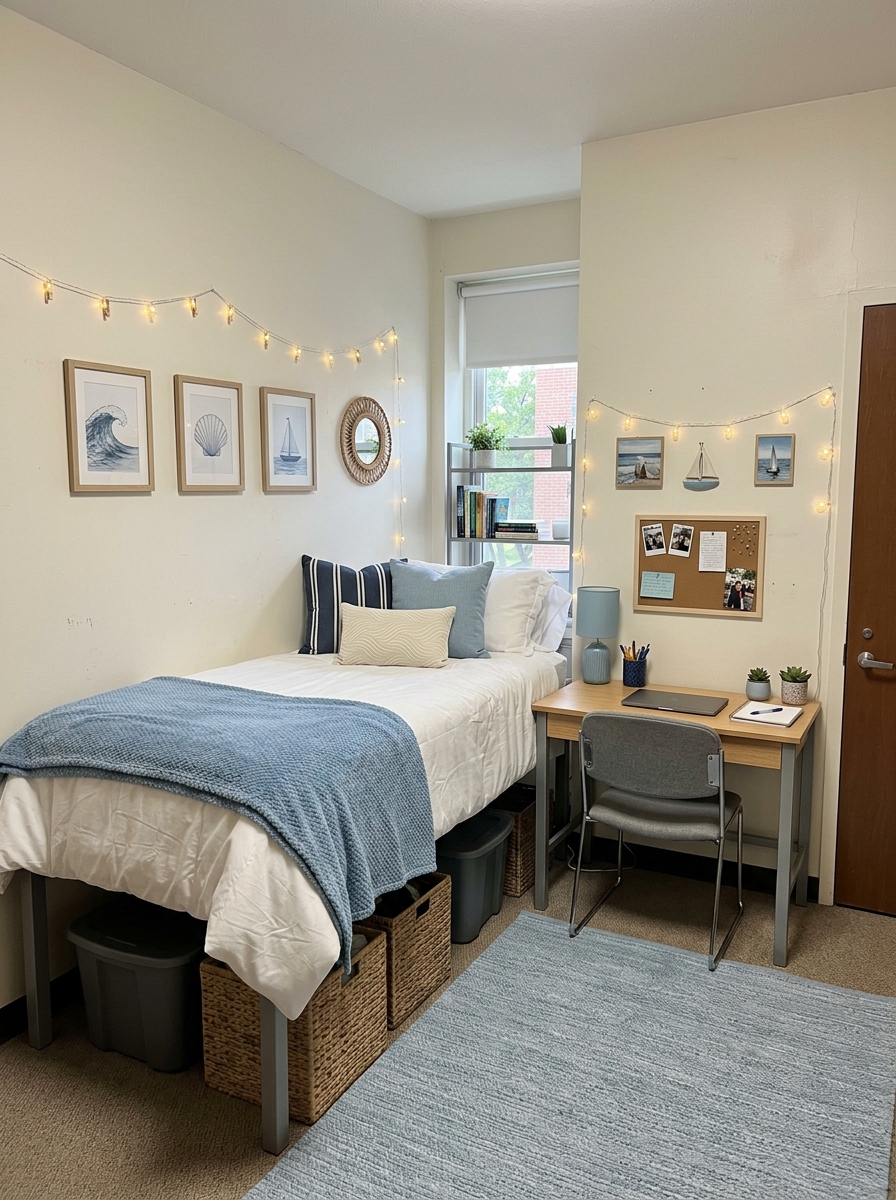 Small college dorm room with coastal blue theme, twin XL bed, white bedding, soft blue throw, blue pillows, compact desk, coastal wall prints, rug, baskets, and string lights