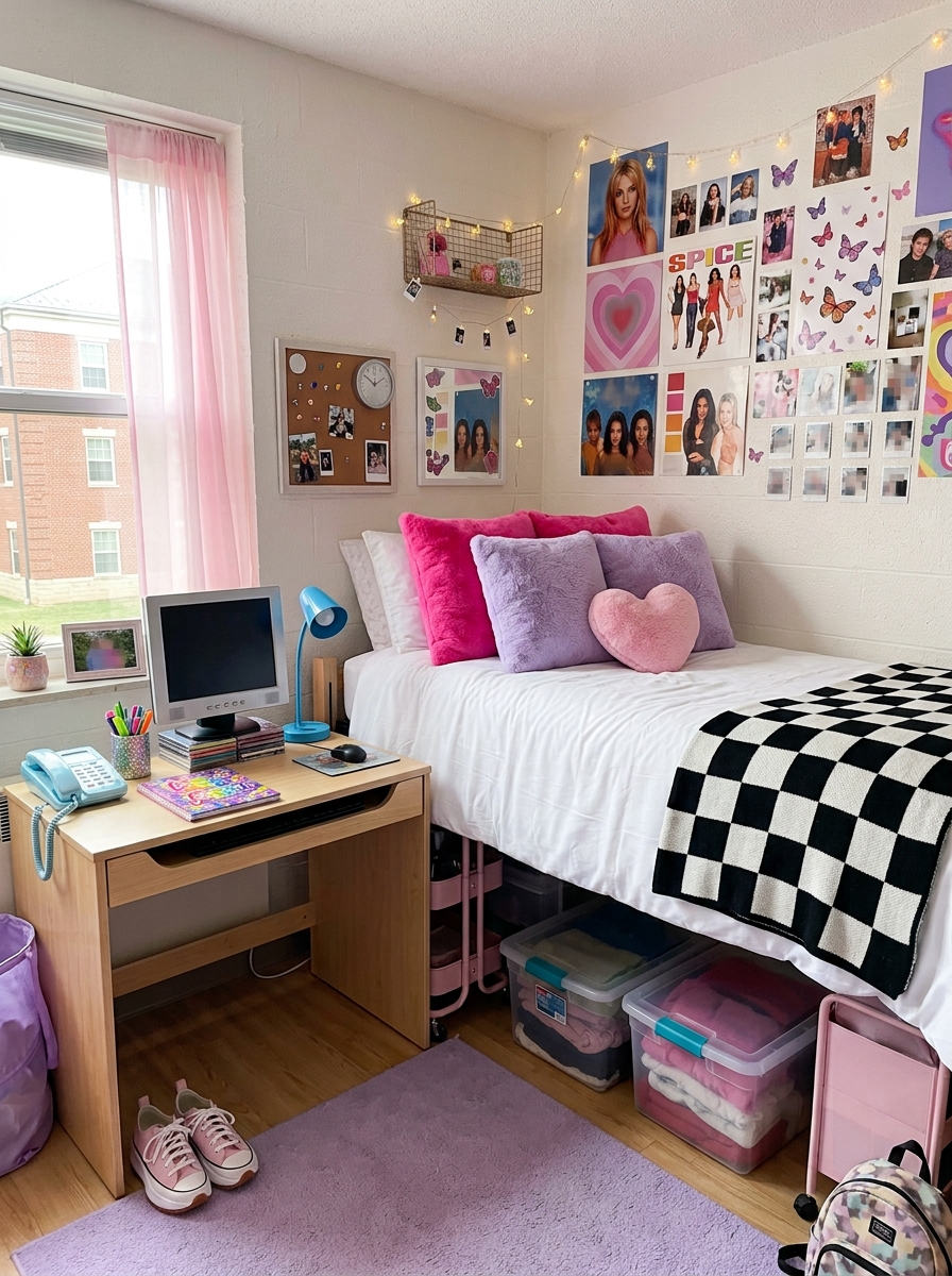 Y2K-inspired dorm room theme with white bedding, bright pink and lavender pillows, checkerboard throw, colorful wall posters, retro desk accessories, blue lamp, under-bed storage, and playful organized layout