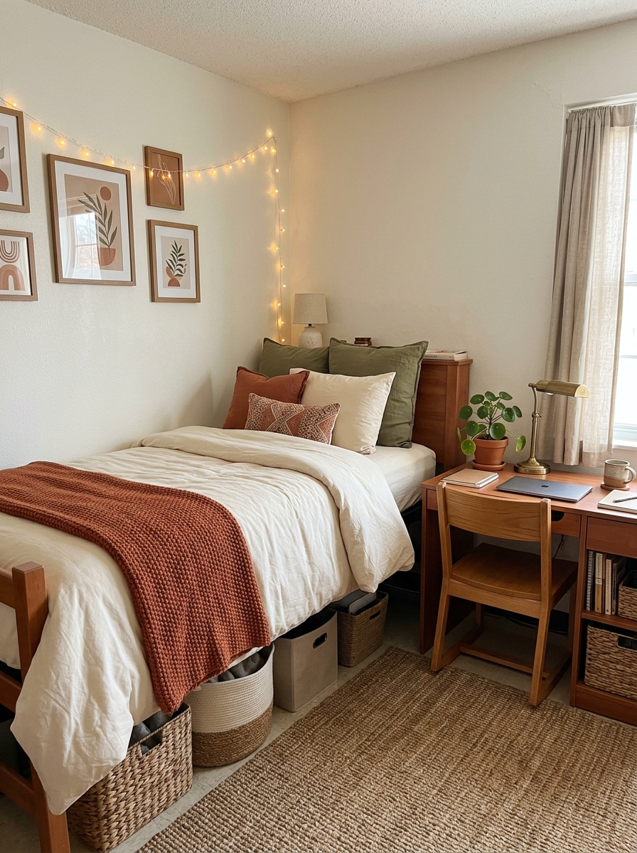 Cozy earthy dorm room theme with cream bedding, terracotta throw, olive green pillows, jute-style rug, warm wood desk, woven baskets, clay wall art, string lights, and small plant