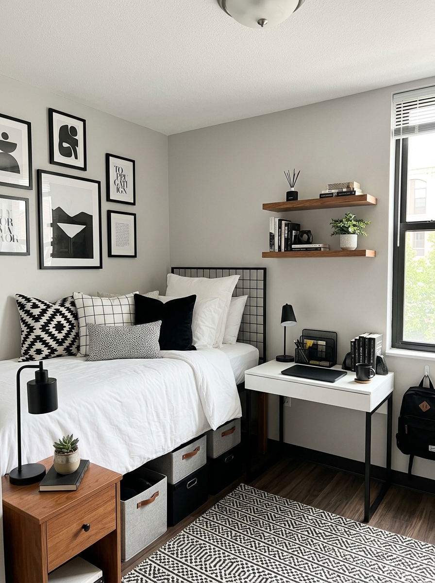 Modern black-and-white dorm room theme with white bedding, black accent pillows, black-and-white patterned rug, framed black wall art, desk with black organizers, wood shelf details, and neutral bins