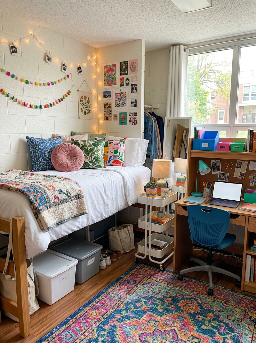 Colorful mix-and-match dorm room theme with twin XL bed, white bedding, blue pink and green accents, colorful rug, playful wall art, coordinated desk organizers, bedside cart, storage, and string lights