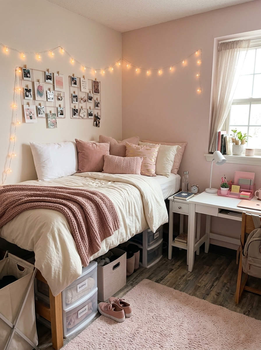 Soft pink college dorm room theme with cream bedding, blush pillows, dusty rose throw, white desk, pink organizers, photo grid, pale pink rug, storage, and fairy lights