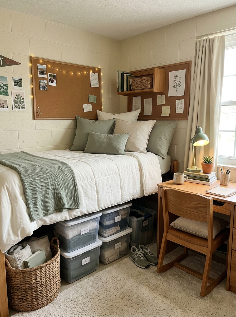 Sage green dorm room theme with warm white bedding, sage throw blanket, green pillows, dorm desk with sage lamp, bulletin board, woven baskets, small plant, storage bins, and cream rug