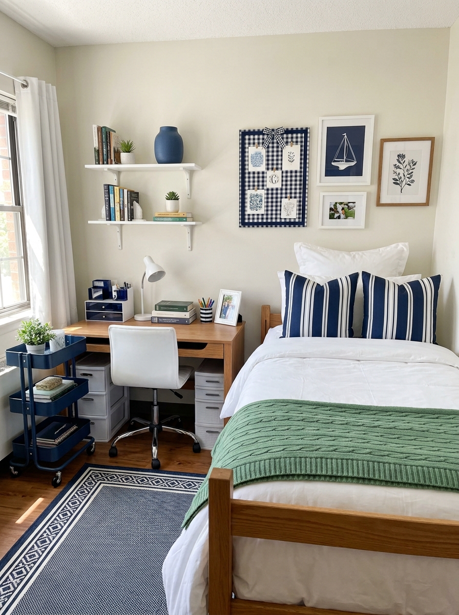 Preppy dorm room theme with twin XL bed, crisp white bedding, navy striped pillows, green throw, bordered rug, compact desk, matching organizers, ribbon memo board, framed prints, and storage drawers