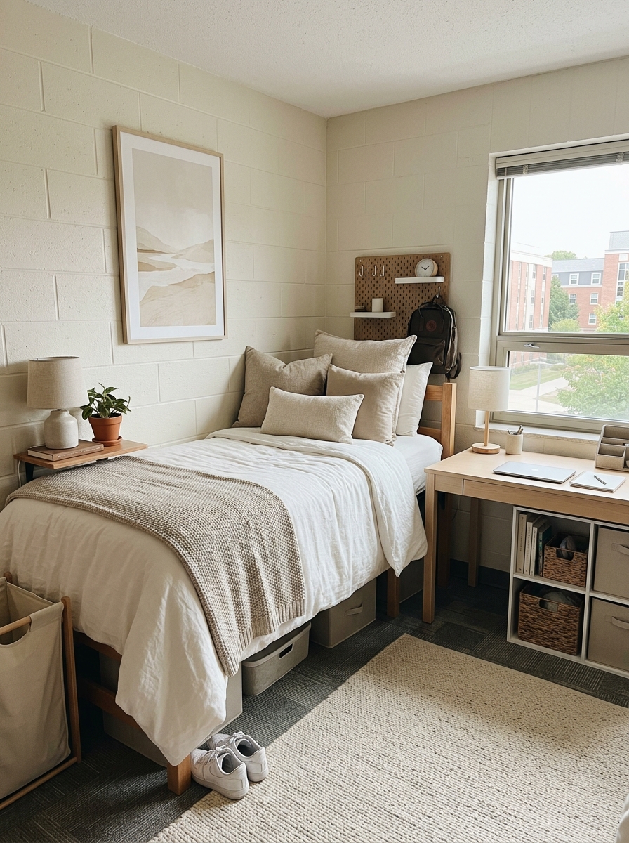 Minimal neutral college dorm room with twin XL bed, warm white bedding, oatmeal throw, beige pillows, pale wood desk, neutral storage bins, woven baskets, cream rug, and simple wall print