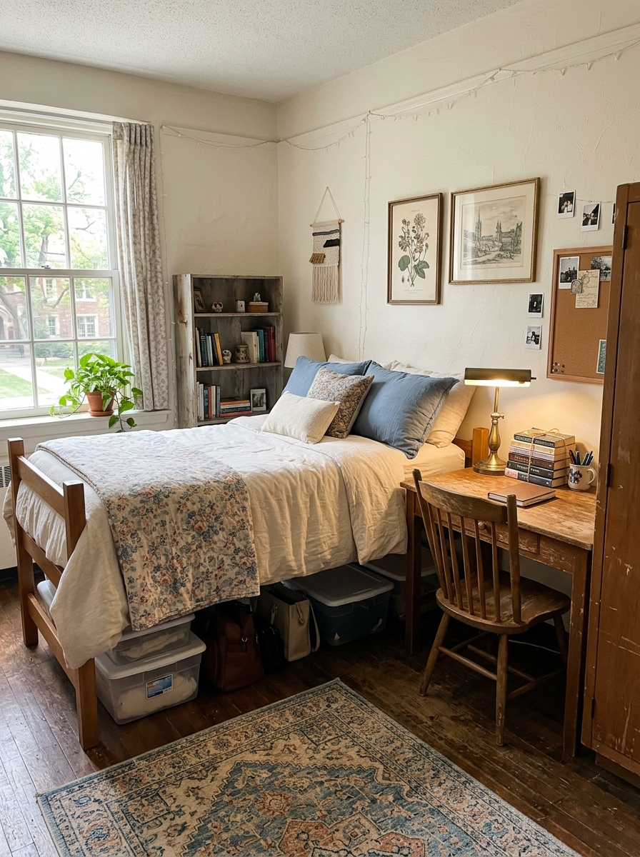 Vintage-inspired dorm room theme with cream bedding, muted floral throw, dusty blue pillows, vintage-style rug, warm wood desk, brass-look lamp, old-world wall art, books, and under-bed storage