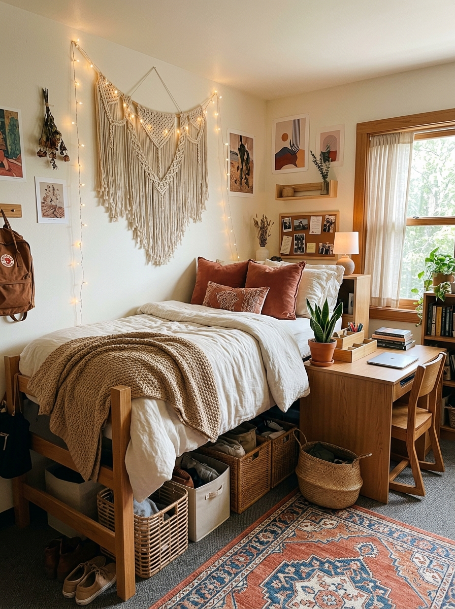 Boho college dorm room theme with cream bedding, terracotta pillows, tan textured throw, woven baskets, macrame-style wall hanging, desk with natural trays, plant, string lights, and patterned rug