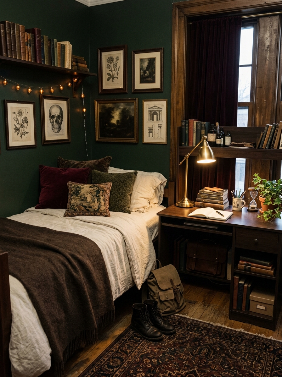 Dark academia dorm room theme with cream bedding, deep brown throw, burgundy and olive pillows, dark patterned rug, classical wall prints, brass desk lamp, books, and dark wood details