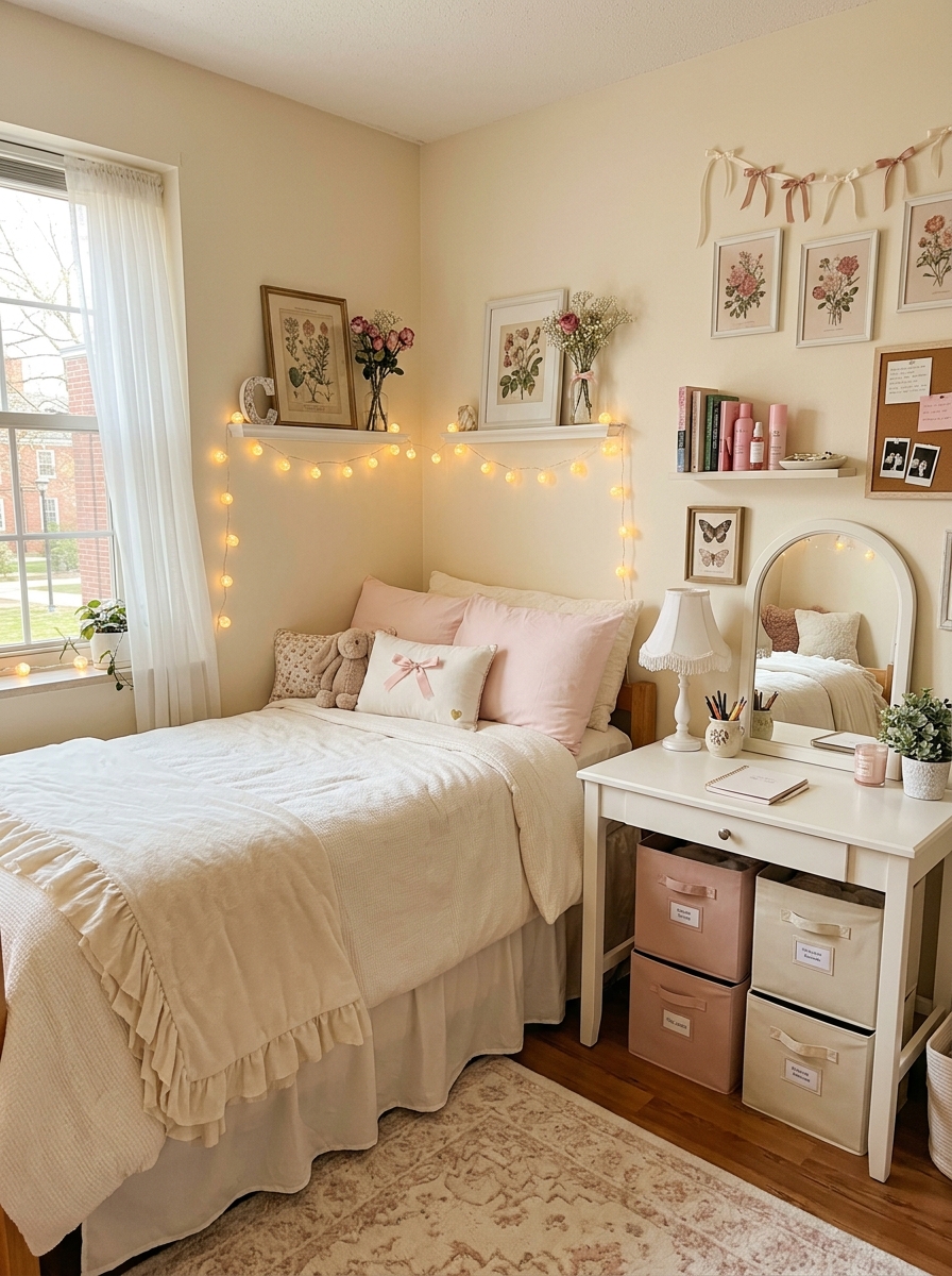 Coquette dorm room theme with warm white bedding, pale pink pillows, bow accent pillow, ruffled cream throw, floral wall prints, white desk with mirror, blush storage bins, fairy lights, and soft rug