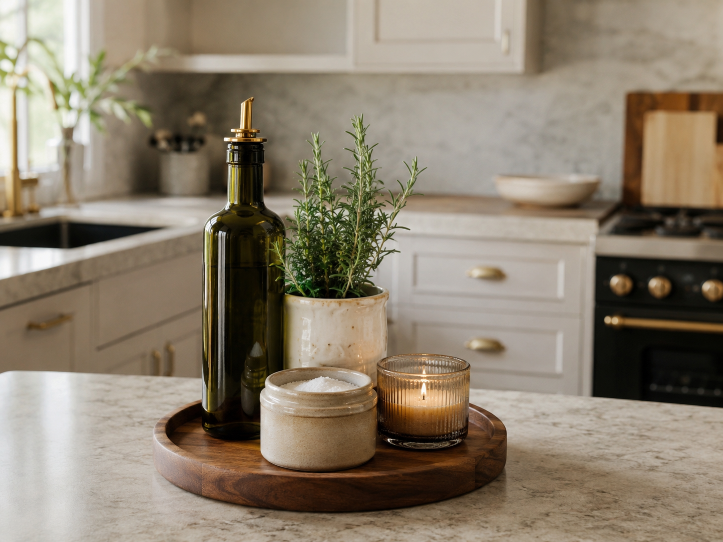 Styled kitchen counter tray on light stone countertop with olive oil bottle, ceramic salt jar, tiny herb, candle, cream cabinets, and daylight