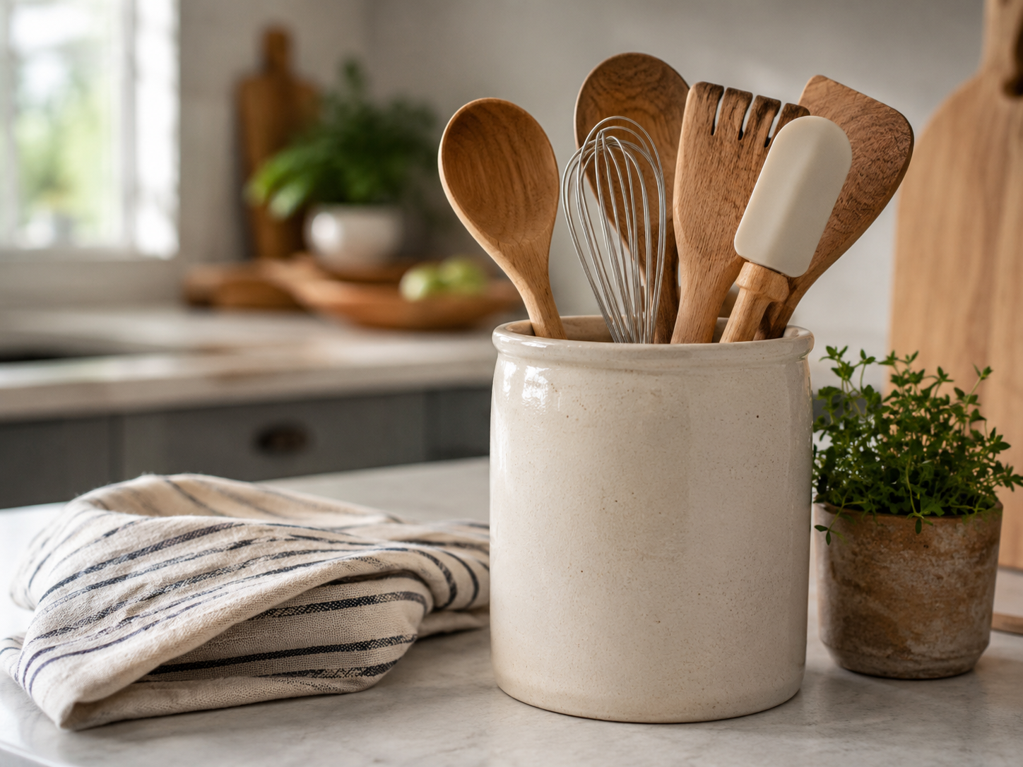 Kitchen counter close-up with cream stoneware utensil crock filled with wooden spoons, whisk, spatula, striped linen towel, and herb pot