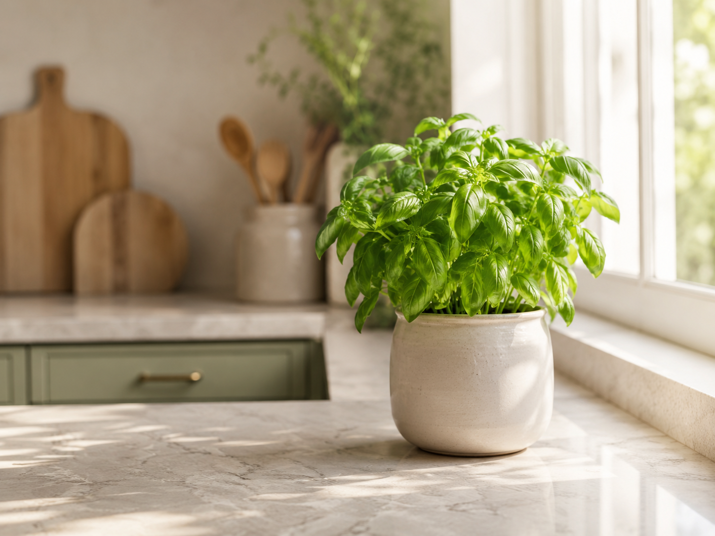 Small herb or leafy plant on kitchen counter beside sunlit window with ceramic pot, pale stone counter, cream, sage, and light oak tones