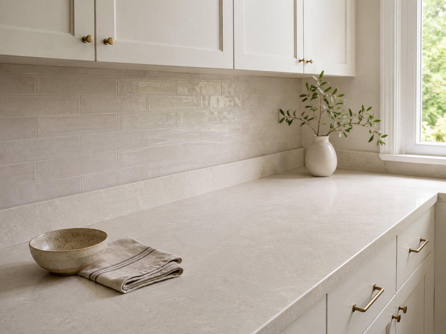 Mostly clear kitchen counter section with one ceramic bowl, folded linen towel, single branch in vase, soft white cabinets, and negative space