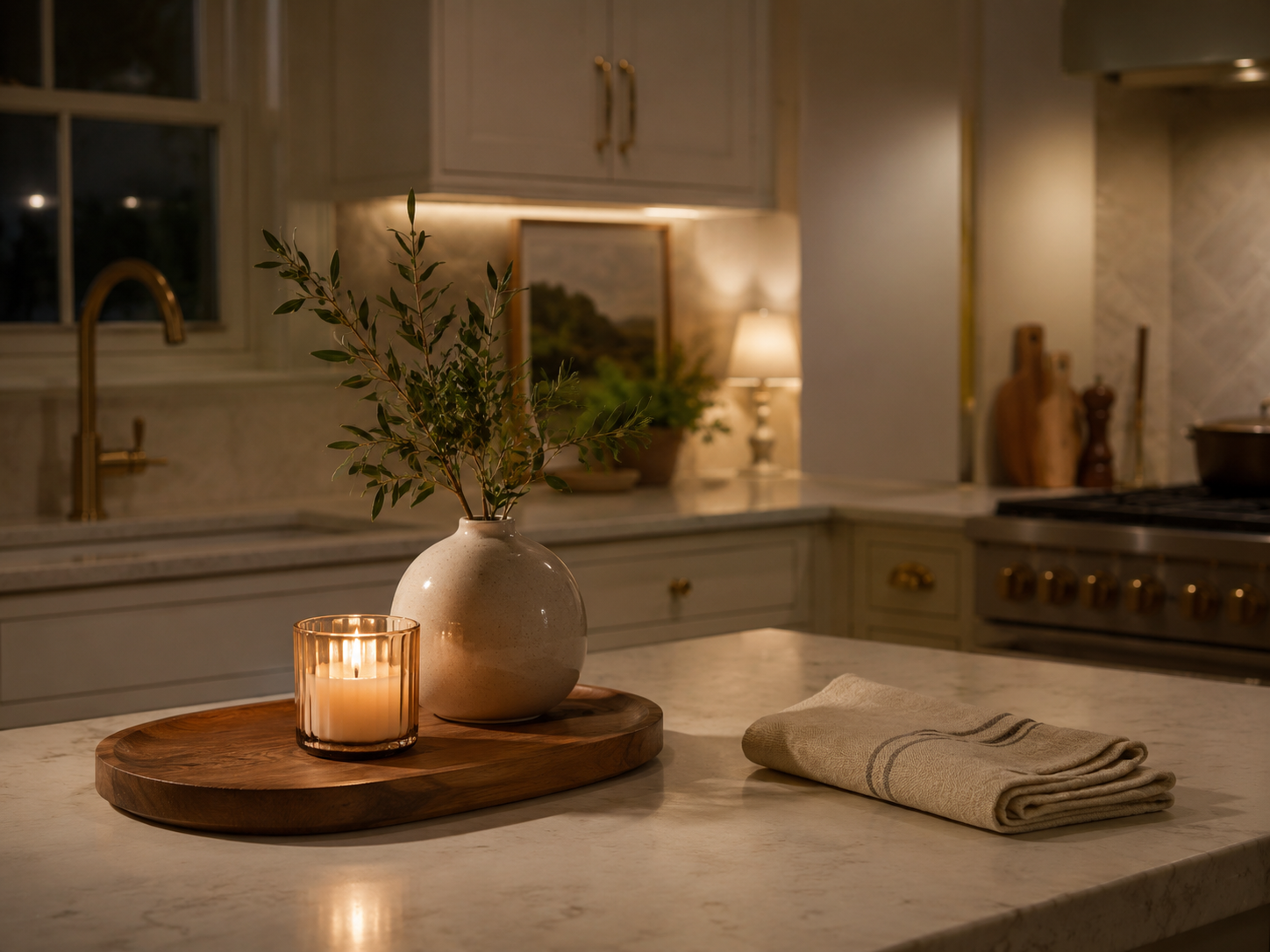Evening kitchen counter with candle, ceramic vase, wooden tray, folded linen towel, warm cabinet light, brass accents, and soft shadows
