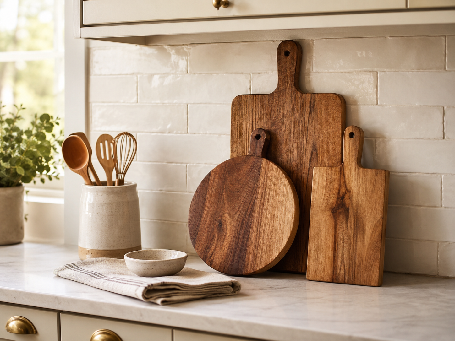 Wooden cutting boards in different sizes leaning against a light kitchen backsplash with utensil holder, linen towel, and small bowl