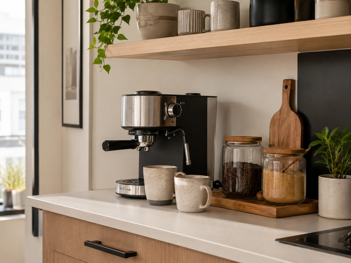 Compact coffee counter corner with small coffee machine, ceramic mugs, jars with coffee beans and sugar, wooden tray, plant, and pale oak shelves