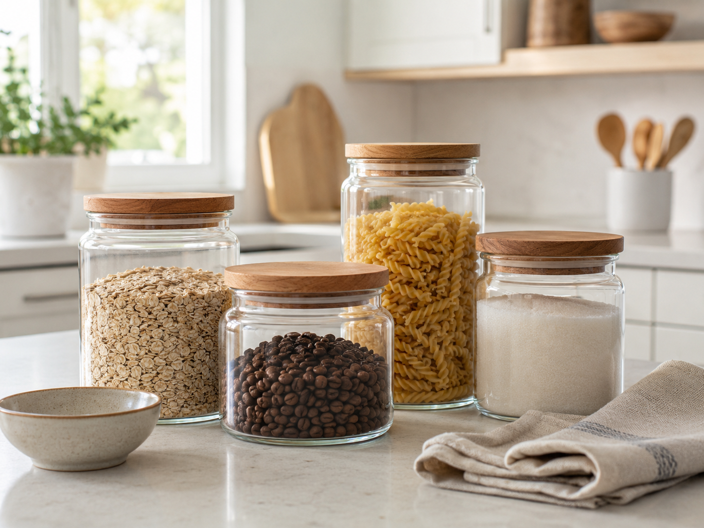 Kitchen counter with glass jars and wooden lids filled with oats, coffee beans, pasta, and sugar beside ceramic bowl and linen towel