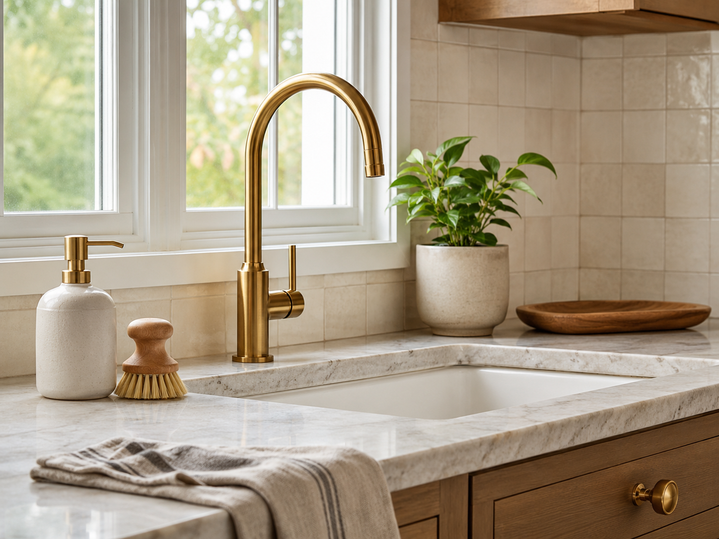 Clean kitchen sink area with brass faucet, ceramic soap dispenser, small wooden dish brush, folded linen towel, and potted plant near window