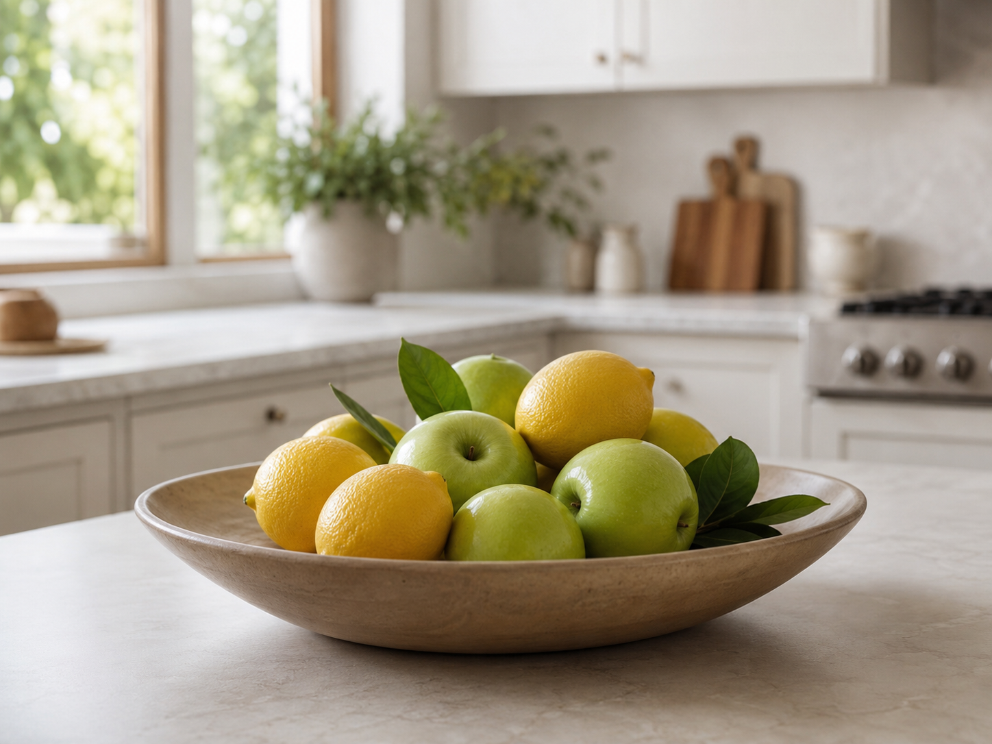 Kitchen island with shallow ceramic or wooden bowl filled with lemons, pears, or green apples on pale stone counter with cream cabinets