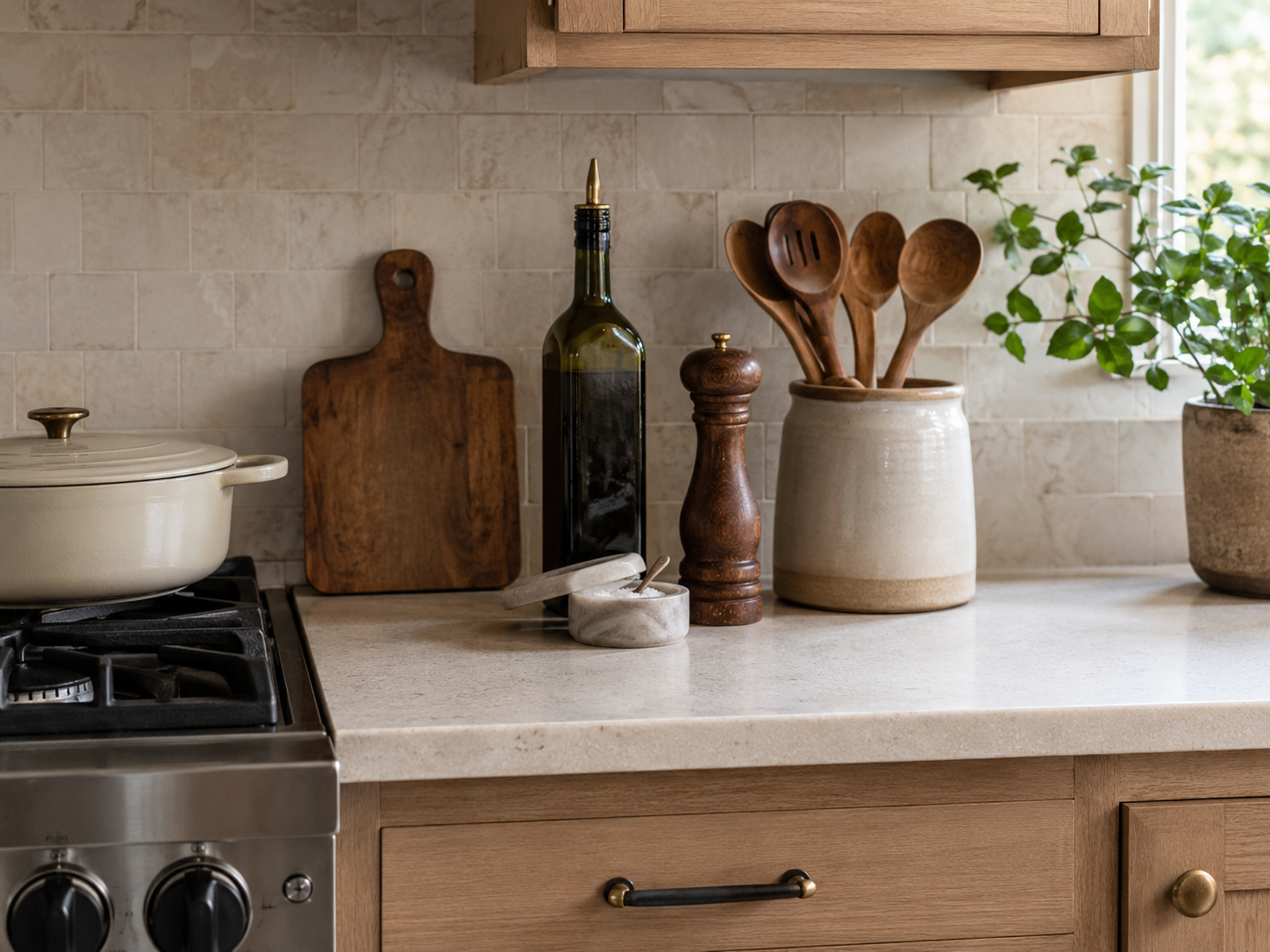 Counter area beside stove with olive oil bottle, salt cellar, pepper grinder, wooden spoon holder, and small cutting board