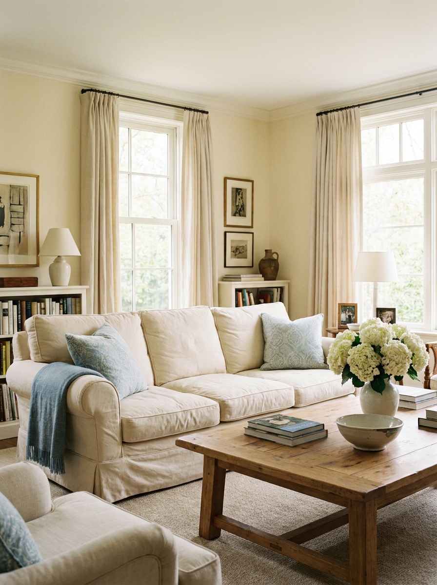 Nancy Meyers-inspired living room with comfortable cream sofa, pale blue cushions, natural wood coffee table, linen curtains, books, flowers, and daylight