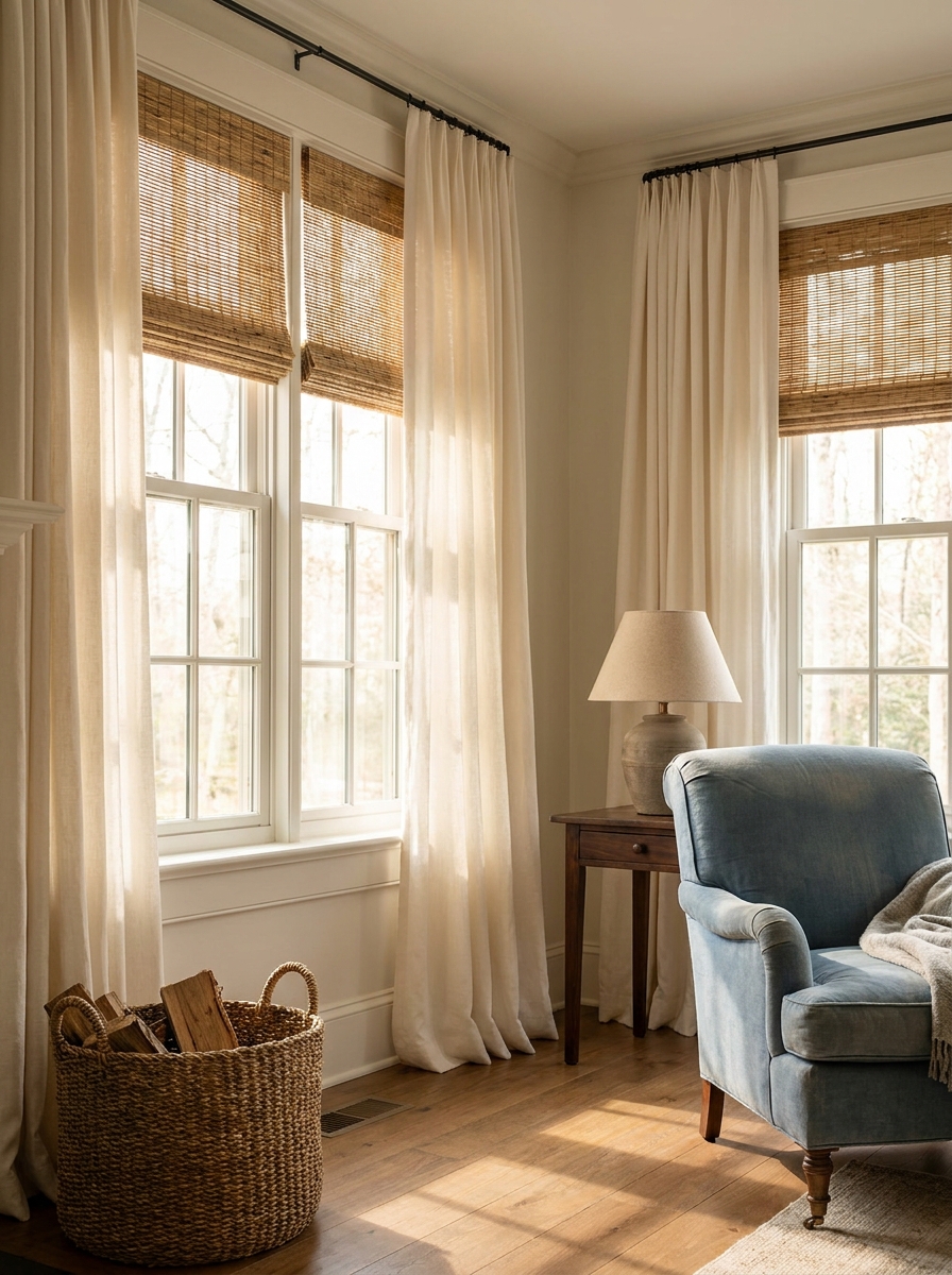 Large windows with woven shades beneath ivory linen curtains, faded blue armchair, walnut side table, ceramic lamp, basket, and late-morning daylight