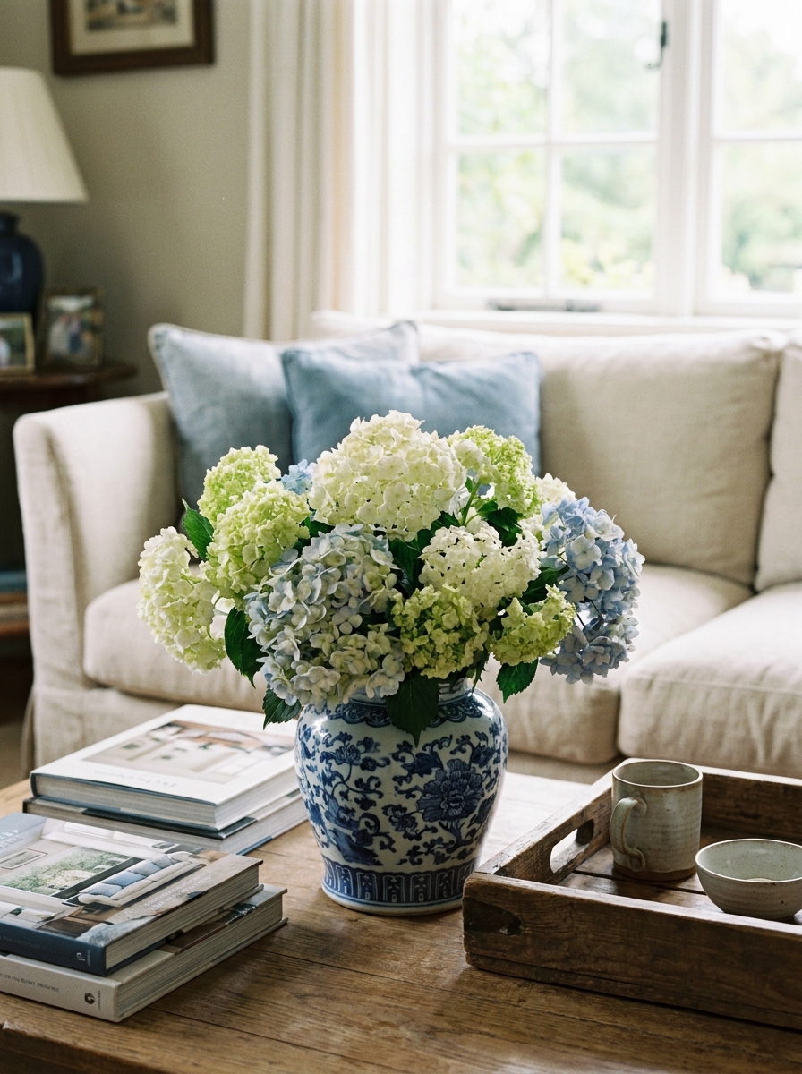 Coffee table with loose white, pale green, and soft blue hydrangeas in blue and white ceramic vase, books, tray, cream sofa, and blue cushions