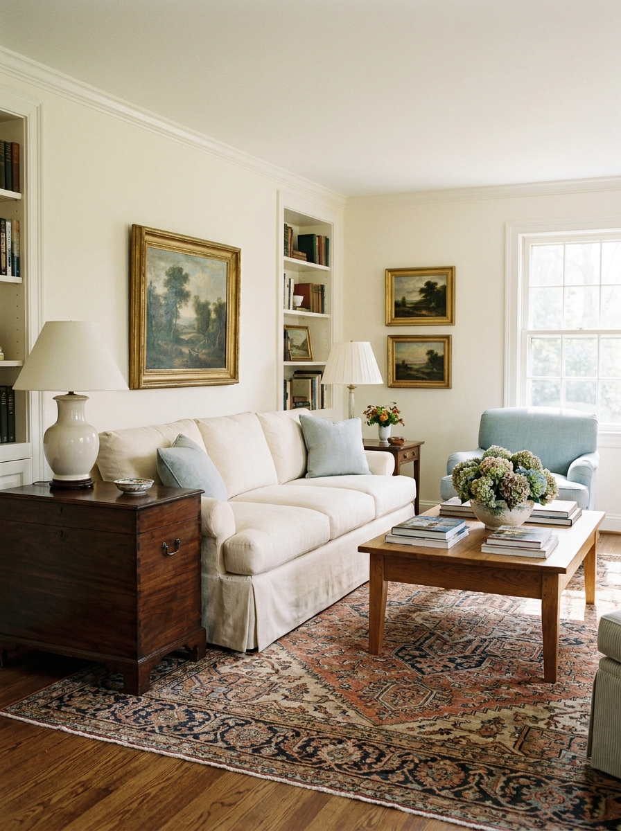 Sitting room with cream slipcovered sofa, pale blue armchair, walnut chest side table, oak coffee table, lamps, landscapes, patterned rug, and books
