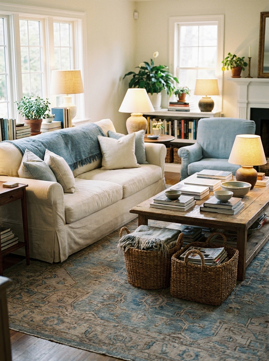 Layered living room with cream sofa, faded blue throw, pale blue armchair, muted blue and taupe rug, woven baskets, wood coffee table, books, and warm lamps