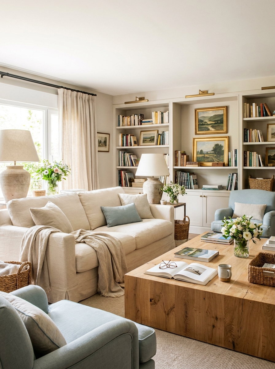 Complete sunlit Nancy Meyers living room with cream sofa, blue armchairs, wood coffee table, bookshelves, lamps, flowers, art, linen curtains, baskets, open book, glasses, and throw