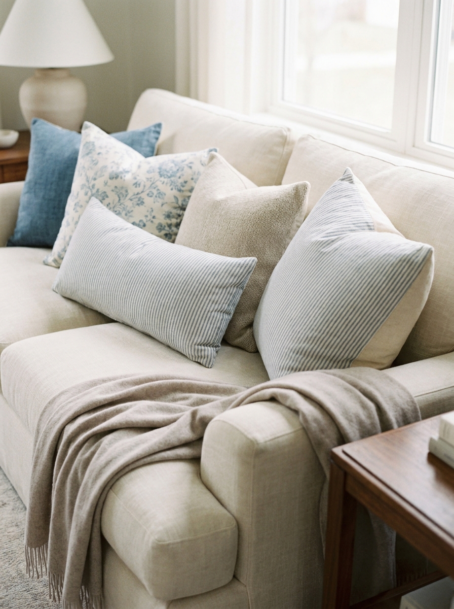 Cream living room sofa layered with faded denim blue linen, floral, ticking stripe, oatmeal, and cream cushions beside walnut table and lamp