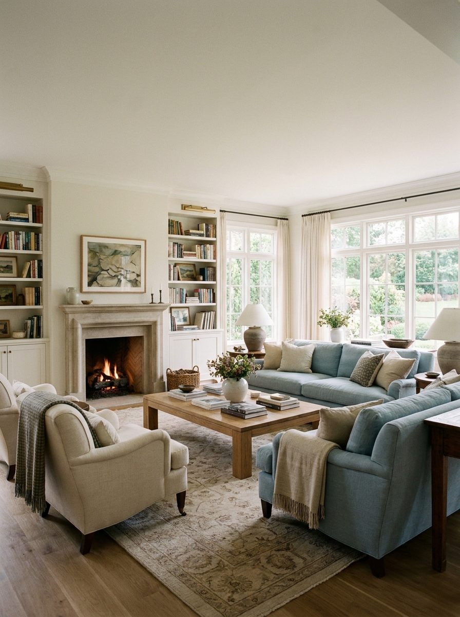 Living room arranged for conversation with pale blue sofa, cream armchairs, oak coffee table, neutral rug, lamps, fireplace, books, and windows