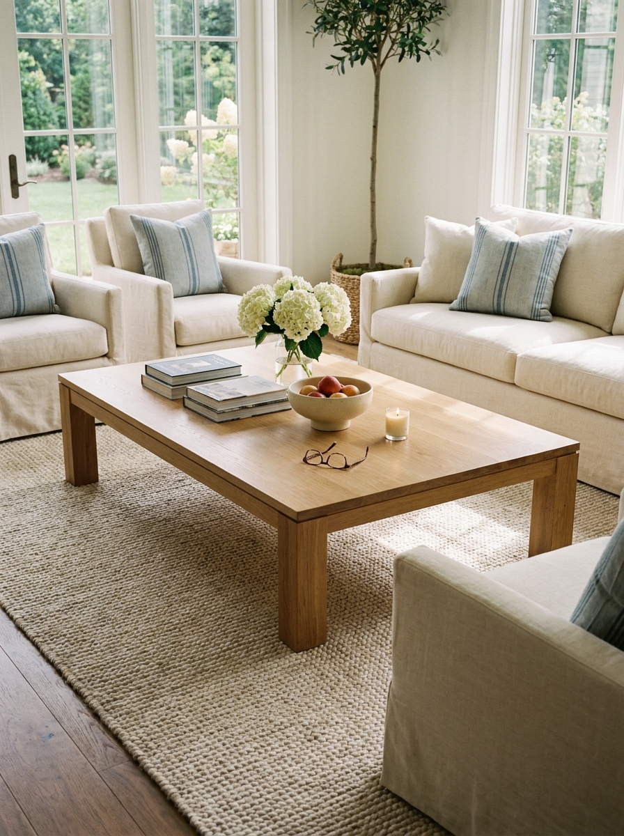 Large natural oak coffee table with books, ceramic bowl, hydrangeas, reading glasses, candle, cream seating, blue cushions, and neutral rug