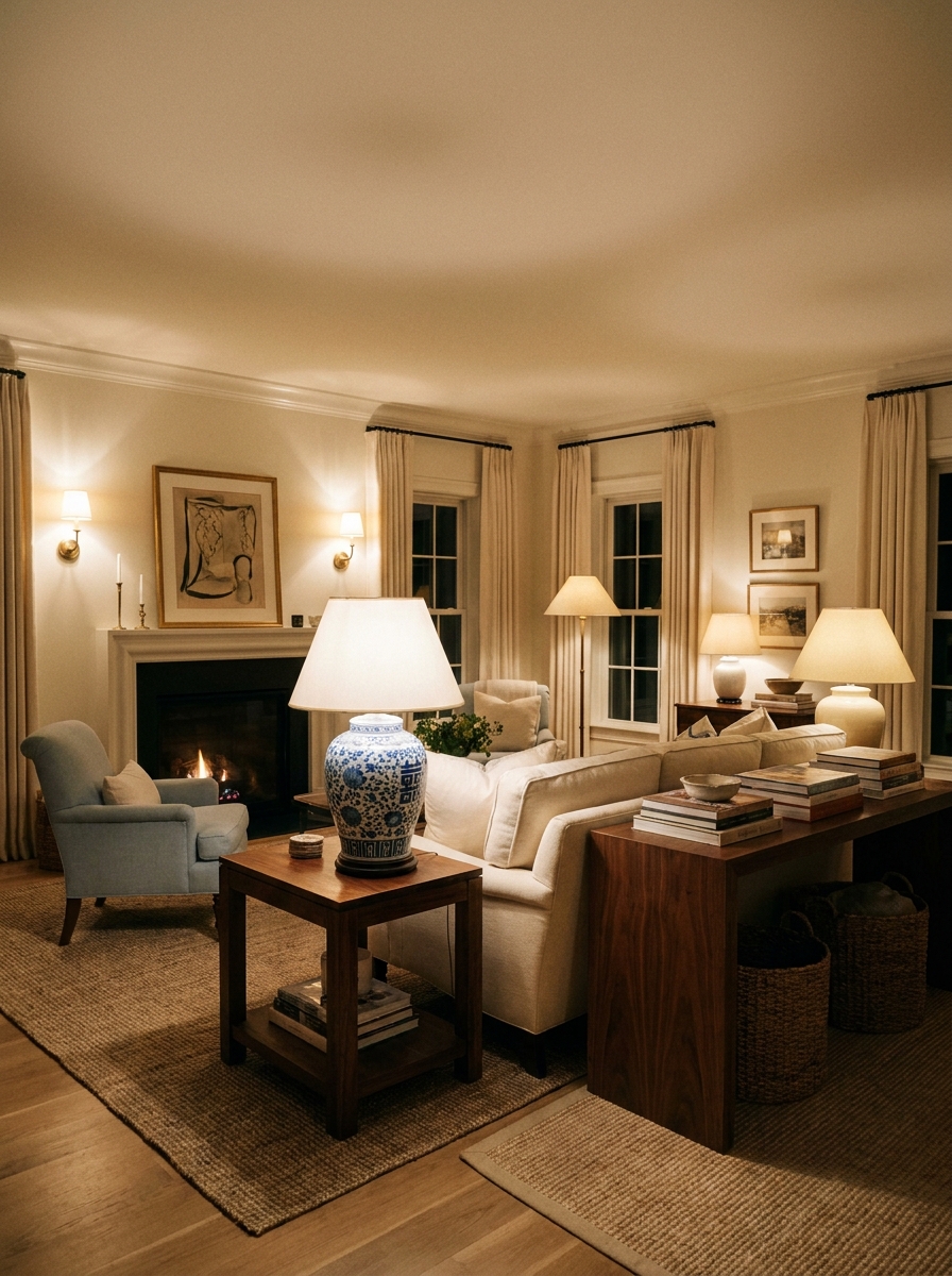 Evening living room with blue and white ceramic lamp and cream lamp on walnut side tables, illuminating sofa, armchair, books, art, and fireplace