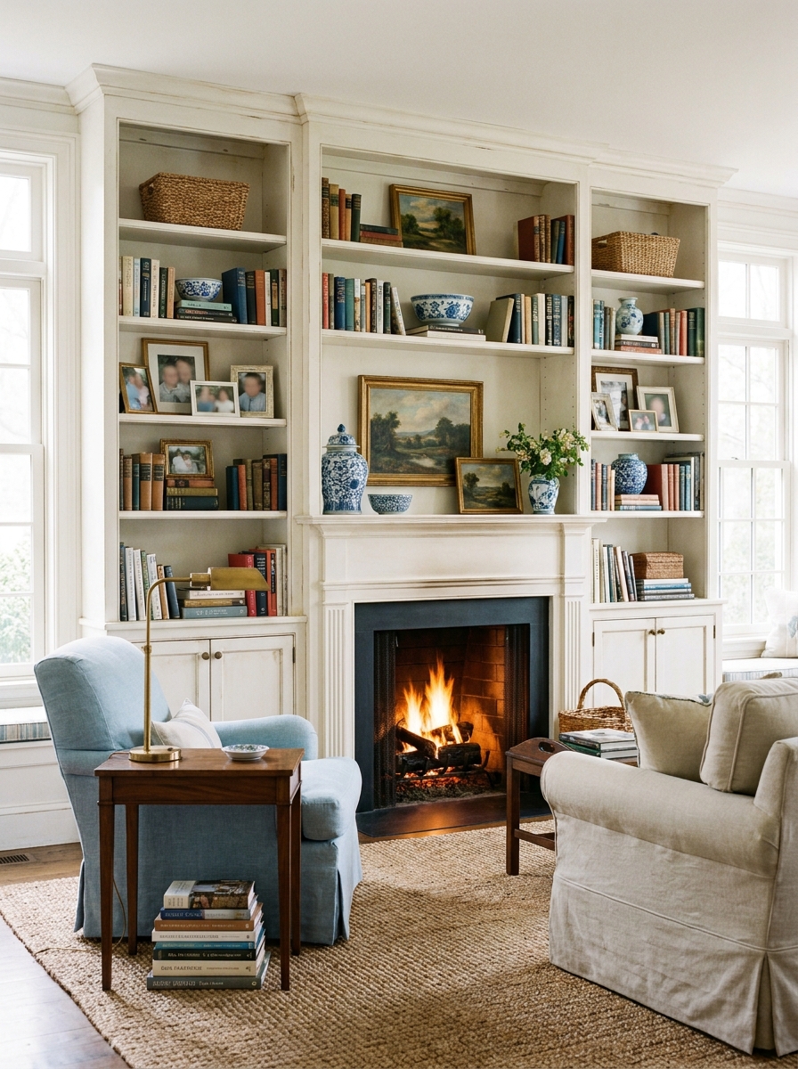 Warm white built-in bookshelves around traditional fireplace with books, photos, blue and white ceramics, baskets, art, blue chair, walnut table, and lamp