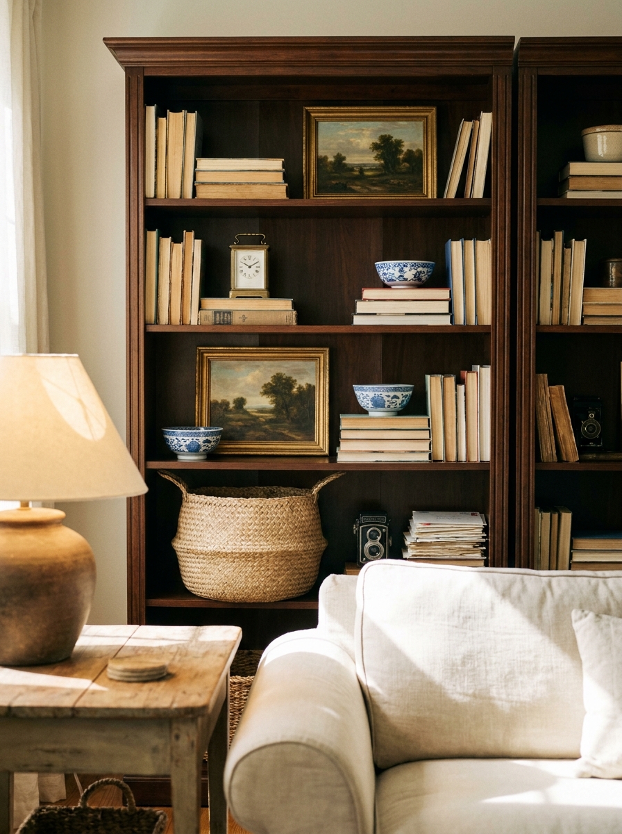 Traditional freestanding bookcase styled with vertical and stacked books, brass clock, framed landscape, porcelain bowls, woven basket, sofa edge, and table lamp