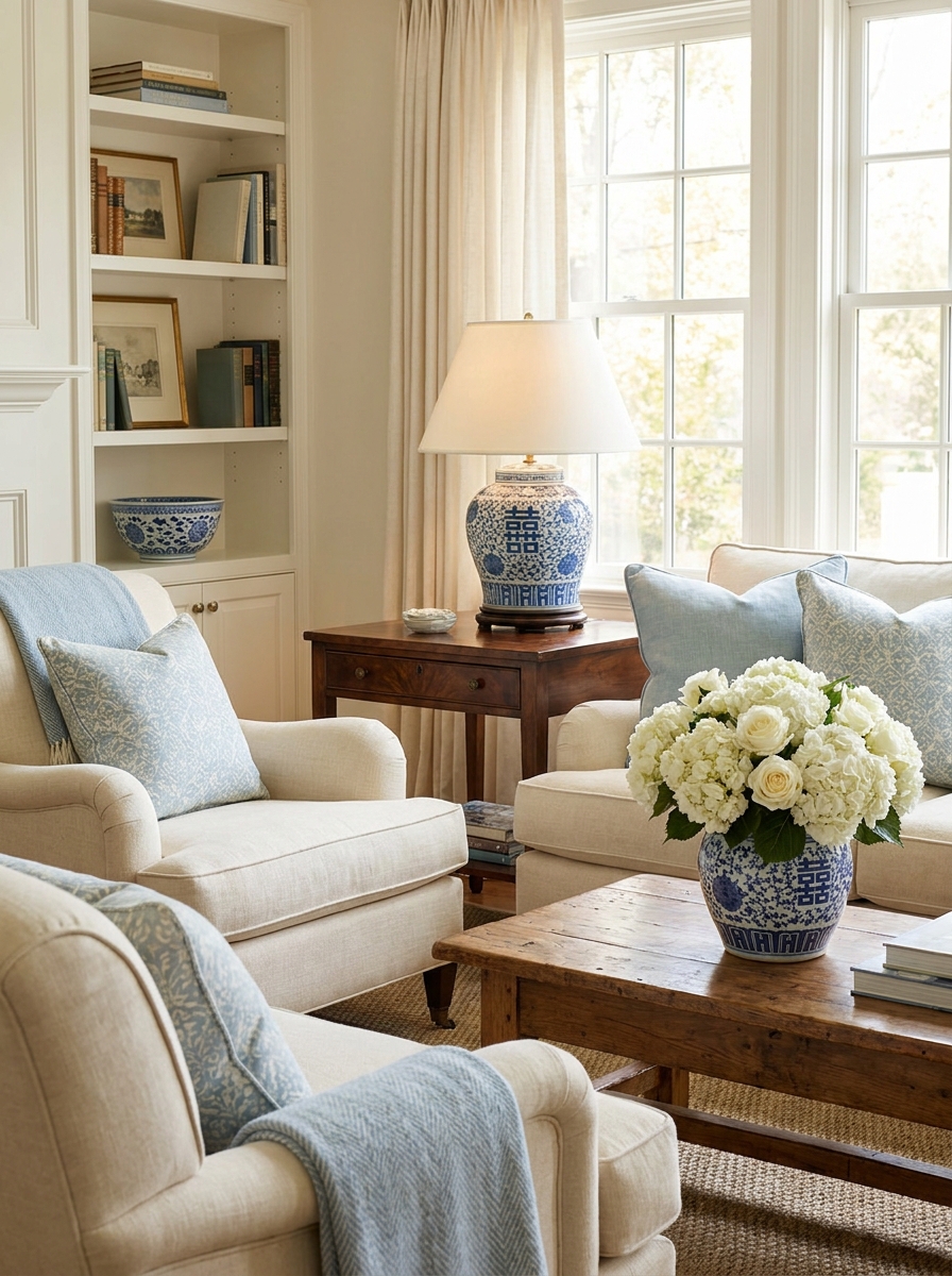 Blue and white porcelain lamp on walnut console, flower vase on coffee table, ceramic bowl on bookshelf, cream upholstery, blue textiles, and daylight