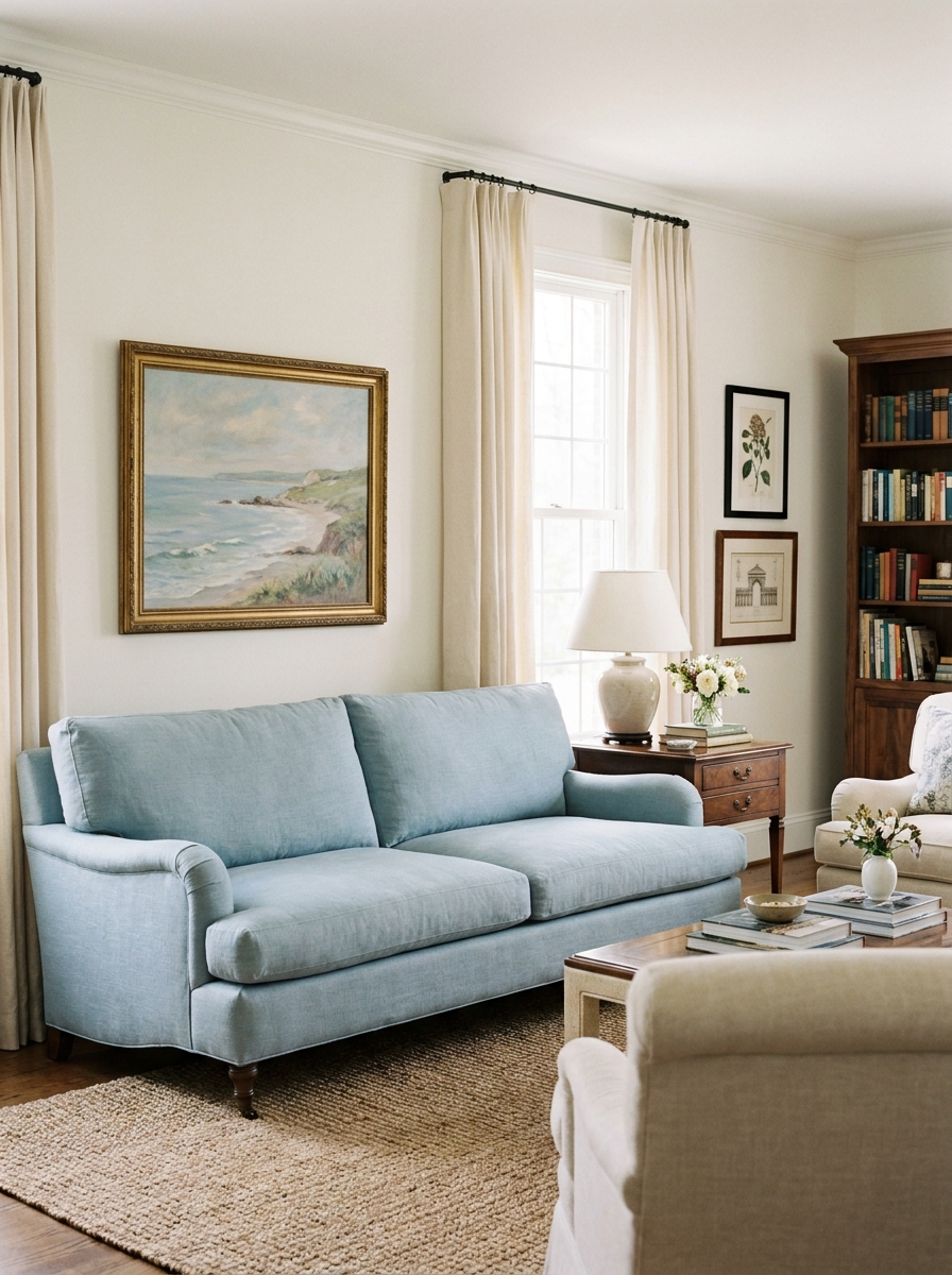 Living room with coastal landscape above pale blue sofa, smaller botanical prints near bookcase, mixed wood and gold frames, curtains, and wood table