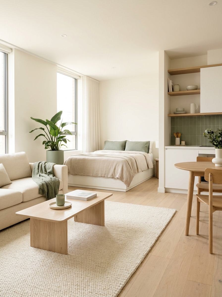 Stylish studio apartment with clear living, sleeping, and dining zones in warm neutral colors