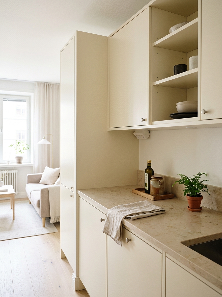 Small studio apartment kitchen area with compact cabinets, stone counter, tray, olive oil, ceramic jar, folded towel, and plant