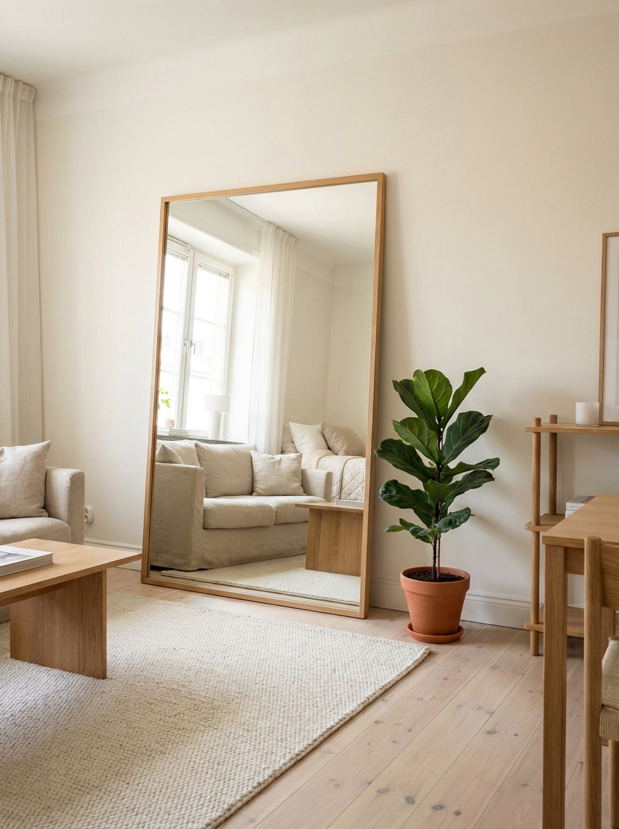 Studio apartment with tall leaning mirror reflecting a window, sofa, and bed area to make the room feel larger
