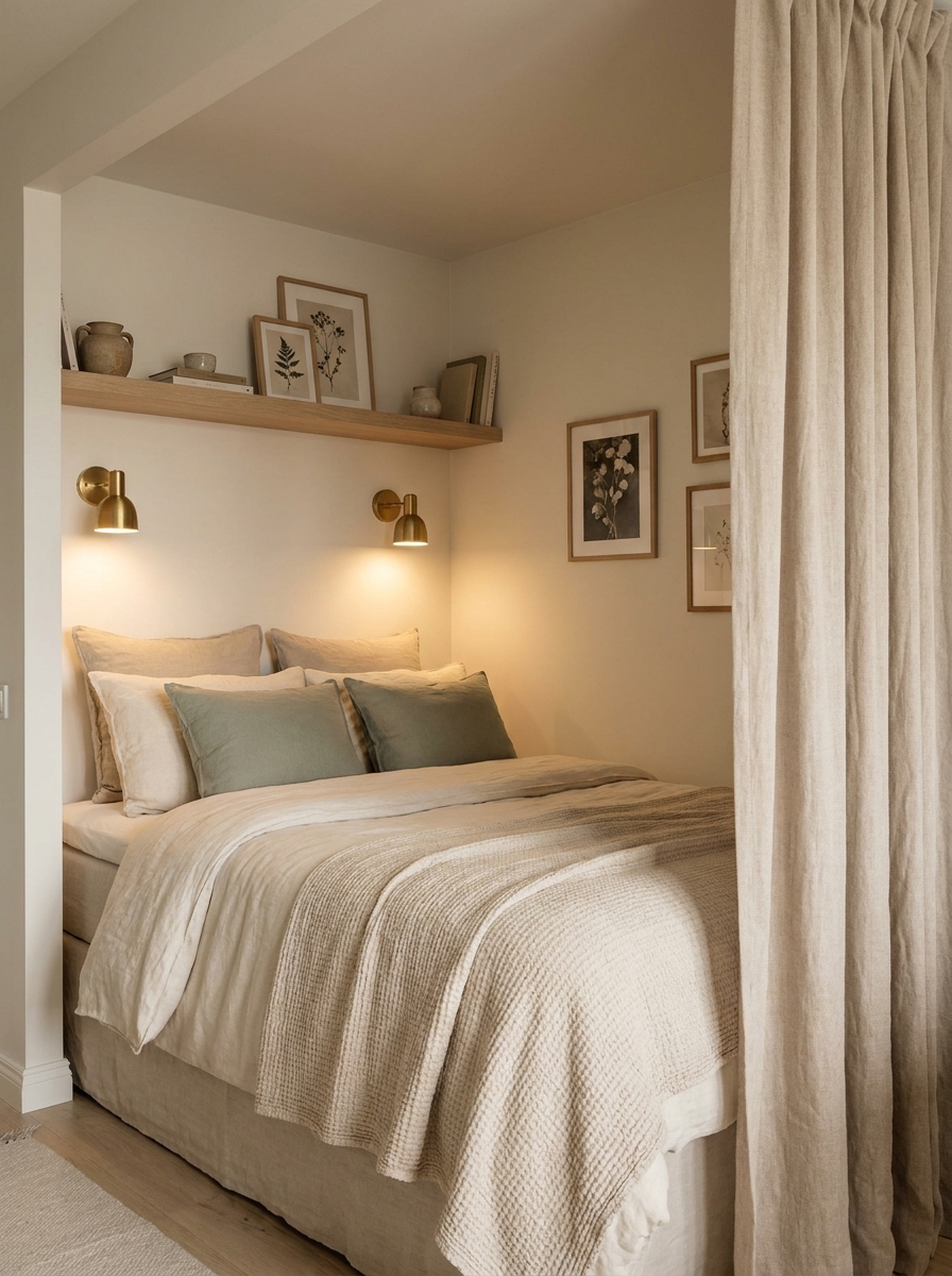 Studio apartment bed nook with wall-mounted sconces, neutral bedding, wall shelf, framed art, and curtain divider
